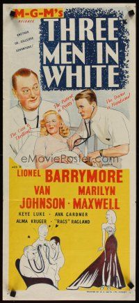 2d941 THREE MEN IN WHITE Aust daybill '44 Barrymore, Van Johnson, sexy Ava Gardner, Hirschfeld art!