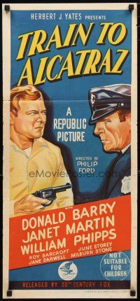 2d953 TRAIN TO ALCATRAZ Aust daybill '48 stone litho of Don Red Barry pointing gun at cop!
