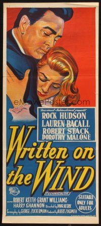 2d990 WRITTEN ON THE WIND Aust daybill '56 romantic stone litho of Lauren Bacall & Rock Hudson!