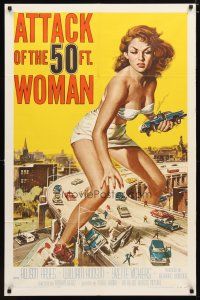2e001 ATTACK OF THE 50 FT WOMAN 1sh '58 classic art of enormous sexy Allison Hayes over highway!