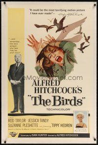 2e082 BIRDS linen 1sh '63 Alfred Hitchcock shown with Tippi Hedren, classic attack art!