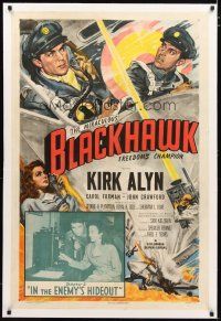 2e085 BLACKHAWK linen chapter 3 1sh '52 Kirk Alyn, D.C. comic book serial, In the Enemy's Hideout!