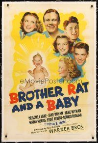 2e096 BROTHER RAT & A BABY linen 1sh '40 Ronald Reagan & wife Jane Wyman, Priscilla Lane, Albert