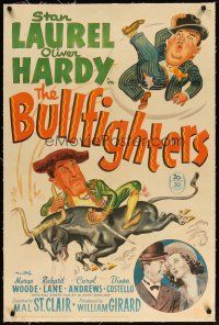 2e098 BULLFIGHTERS linen 1sh '45 wacky stone litho art of matador Stan Laurel & Oliver Hardy!
