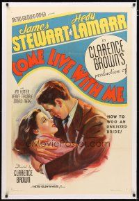 2e114 COME LIVE WITH ME linen style C 1sh '41 stone litho of James Stewart with bride Hedy Lamarr!
