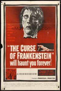 2e011 CURSE OF FRANKENSTEIN 1sh '57 Peter Cushing, cool close up monster artwork!