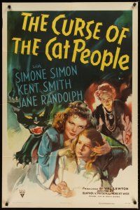 2e012 CURSE OF THE CAT PEOPLE 1sh '44 close up of sexy Simone Simon + great art of snarling cat!