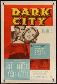 2e126 DARK CITY linen 1sh '50 introducing Charlton Heston, sexy Lizabeth Scott, film noir!