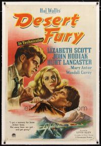 2e129 DESERT FURY linen 1sh '47 art of Burt Lancaster about to punch John Hodiak, Lizabeth Scott!