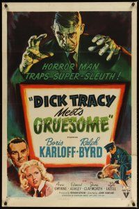 2e014 DICK TRACY MEETS GRUESOME 1sh '47 great art of horror man Boris Karloff looming over title!