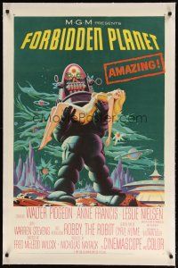 2e149 FORBIDDEN PLANET linen 1sh '56 most classic art of Robby the Robot carrying sexy Anne Francis!
