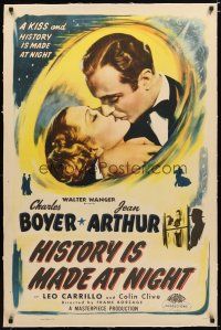 2e194 HISTORY IS MADE AT NIGHT linen 1sh R48 wonderful kiss c/u of Charles Boyer & Jean Arthur!