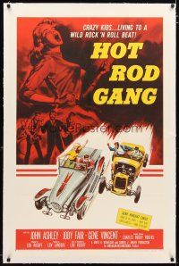 2e199 HOT ROD GANG linen 1sh '58 fast cars, crazy kids, art of teens in dragsters & dancing girl!