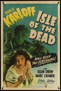 2e218 ISLE OF THE DEAD linen 1sh '45 art of Boris Karloff & Ellen Drew in buried-alive horror!