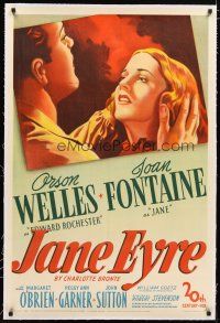 2e224 JANE EYRE linen 1sh '44 art of Orson Welles as Edward Rochester & Joan Fontaine as Jane!