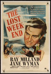 2e245 LOST WEEKEND linen 1sh '45 artwork of alcoholic Ray Milland, directed by Billy Wilder!