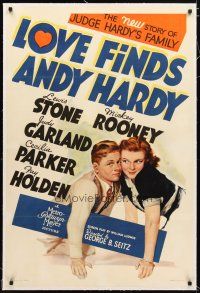 2e247 LOVE FINDS ANDY HARDY linen style C 1sh '38 great artwork of Judy Garland & Mickey Rooney!