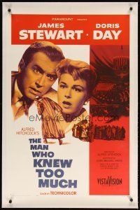 2e257 MAN WHO KNEW TOO MUCH linen 1sh '56 James Stewart & Doris Day, directed by Alfred Hitchcock!