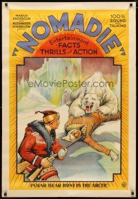 2e053 NOMADIE 1sh '31 stone litho of hunter with rifle saving his lady from polar bears attacking!