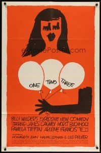 2e032 ONE, TWO, THREE 1sh '62 Billy Wilder, wonderful Saul Bass art of girl with balloons!