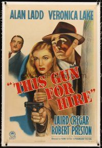 2e350 THIS GUN FOR HIRE linen 1sh R45 different art of top-billed Alan Ladd & sexy Veronica Lake!