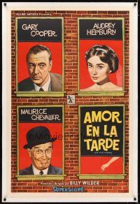 2f218 LOVE IN THE AFTERNOON linen Argentinean '58 Gary Cooper, Audrey Hepburn, Chevalier, Melson art