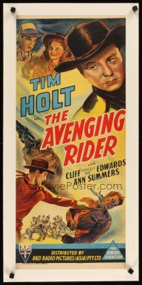 2f169 AVENGING RIDER linen Aust daybill '42 art of cowboy Tim Holt & Cliff Ukulele Ike Edwards!