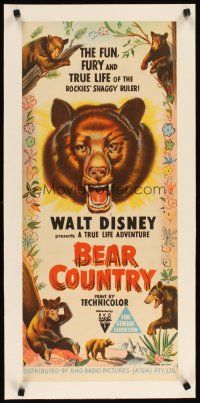 2f170 BEAR COUNTRY linen Aust daybill '53 Disney True-Life Adventure, cool bear hand litho!