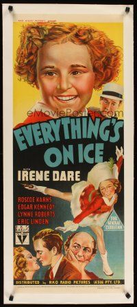 2f175 EVERYTHING'S ON ICE linen long Aust daybill '39 hand litho of Irene Dare ice skating!