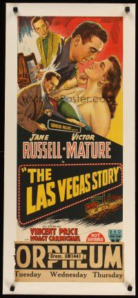 2f183 LAS VEGAS STORY linen Aust daybill '52 hand litho art of Victor Mature & sexy Jane Russell!