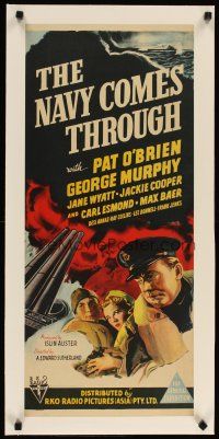 2f187 NAVY COMES THROUGH linen Aust daybill '42 Pat O'Brien, George Murphy, WWII, cool hand litho!