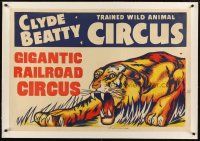 2f103 CLYDE BEATTY TRAINED WILD ANIMAL CIRCUS linen circus poster '40s cool art of snarling tiger!