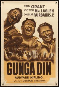 2f247 GUNGA DIN linen French 31x47 R40s different art of Cary Grant, Douglas Fairbanks & McLaglen!