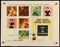 2f124 LOVE IN THE AFTERNOON linen 1/2sh '57 Gary Cooper, Audrey Hepburn, Chevalier, different!
