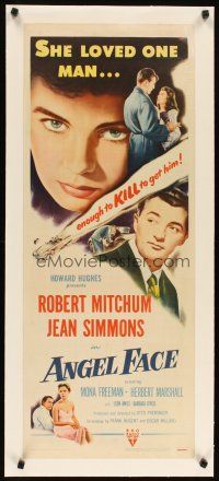2f132 ANGEL FACE linen insert '53 Robert Mitchum, pretty heiress Jean Simmons, Preminger, Hughes