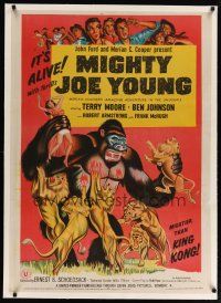 2f215 MIGHTY JOE YOUNG linen Indian R50s 1st Ray Harryhausen, art of ape rescuing girl from lions!