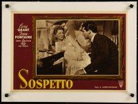 2f288 SUSPICION linen Italian 13x18 pbusta R54 Hitchcock, c/u of Cary Grant & Joan Fontaine on bed!