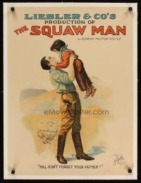 2f094 SQUAW MAN linen stage play poster '07 stone litho of man holding young child!