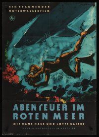 2g085 UNDER THE RED SEA East German 23x32 '52 different art of scuba diver with camera & shark!