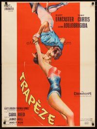 2g166 TRAPEZE French 23x32 '56 circus art of Burt Lancaster & Gina Lollobrigida kissing in mid-air!