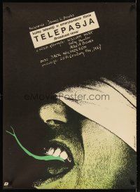 2g263 BROADCAST NEWS Polish 27x38 '89 different Pagowski art of blindfolded girl w/ forked tongue!
