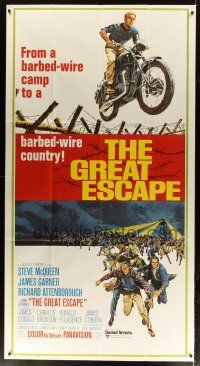 2h021 GREAT ESCAPE int'l 3sh R70 best art with Steve McQueen on motorcycle, John Sturges classic!