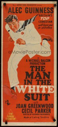 2h226 MAN IN THE WHITE SUIT Aust daybill '52 hand litho art of scientist inventor Alec Guinness!
