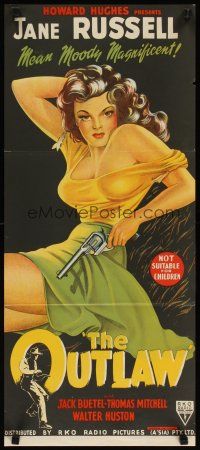 2h232 OUTLAW Aust daybill R52 hand litho of sexy Jane Russell with gun, Howard Hughes!