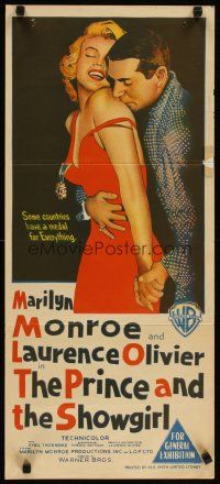 2h233 PRINCE & THE SHOWGIRL Aust daybill '57 Laurence Olivier nuzzles Marilyn Monroe's shoulder!