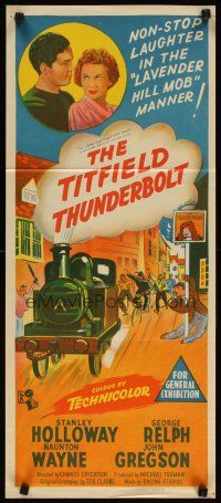 2h241 TITFIELD THUNDERBOLT Aust daybill '53 hand litho of townspeople chasing runaway train!