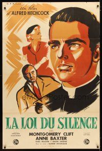 2h109 I CONFESS French 31x47 '53 Hitchcock, different Trambouze art of Montgomery Clift & Baxter!