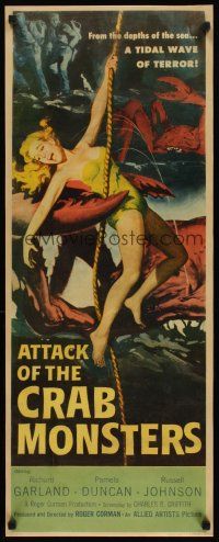 2h005 ATTACK OF THE CRAB MONSTERS insert '57 Roger Corman, art of sexy girl grabbed by beast!