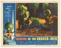 2h065 INVASION OF THE SAUCER MEN LC #3 '57 cabbage head aliens surround unconscious man on ground!