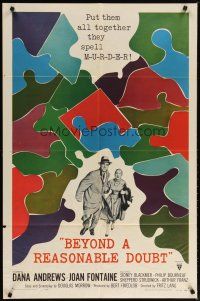 2j082 BEYOND A REASONABLE DOUBT 1sh '56 Fritz Lang noir, Dana Andrews & Joan Fontaine, cool art!